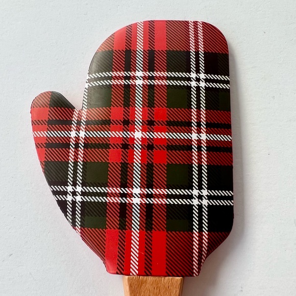 Christmas Mitten Shaped Plaid Silicone Spatula Wood Handle Joy Engraved - Picture 3 of 8